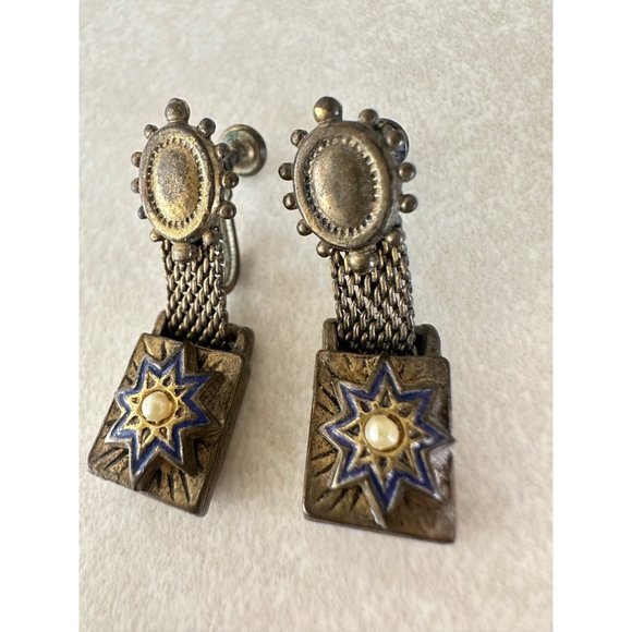 Antique Victorian Etruscan Revival brass enamel seed pearls screw back earrings - Picture 3 of 7